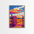 Open Gate, Rustic Sunset, Country Landscape, Farmhouse Decor, Western Wall Art, Boho Art, Warm Tones, Framed Canvas Print, Living Room