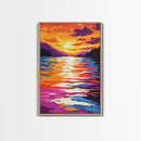 Water Reflection, Colorful Sunset, Lake View, Nature Art, Bold Tones, Serene Decor, Framed Canvas Print, Office, Living Room Art