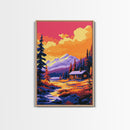 Cabin Retreat, Mountain Lodge, Nature Escape, Cozy Decor, Rustic Home Art, Warm Colors, Framed Canvas Print, Living Room, Bedroom