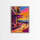European Café, Outdoor Dining, Romantic Getaway, Seaside View, Framed Canvas Print, Travel Art, Parisian Decor, Kitchen Wall Art