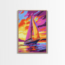Sailboat at Sunset, Nautical Wall Art, Coastal Decor, Colorful Ocean Painting, Vibrant Seascape, Beach House Art, Framed Canvas Print
