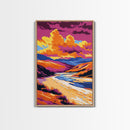 Mountain Sunset Painting, River Valley Wall Art, Colorful Landscape Print, Dramatic Nature Art, Framed Canvas Print, Rustic Cabin Decor