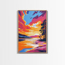 Lakeside Sunset Painting, Serene Nature Wall Art, Warm Color Palette, Scenic Landscape Print, Framed Canvas Print, Boho Bedroom Decor
