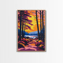 Forest Sunset Path, Tranquil Woodland Scene, Vibrant Landscape Art, Cozy Nature Wall Decor, Framed Canvas Print, Autumn Living Room Art