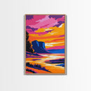 River Sunset, Cliff, Glow, Vibrant, Framed Canvas Print, Autumn Landscape, Nature Wall Art, Living Room Decor, Modern Rustic, Warm Tones