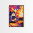 Country House, Farmhouse, Sunset, Glow, Framed Canvas Print, Rural Wall Art, Warm Home Decor, Rustic Landscape, Cozy Living Room