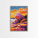Rock Formations, Beach, Sunset, Vibrant, Framed Canvas Print, Coastal Nature Art, Ocean Landscape, Earthy Decor, Tranquil Wall Art