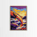 Jumping Fish, River Art, Vibrant Nature, Outdoor Decor, Framed Canvas Print, Rustic Cabin Wall Art, Fishing Gift, Wilderness Art