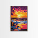 Sunset Waves, Ocean Horizon, Coastal Scene, Framed Canvas Print, Beach House Decor, Serene View, Vibrant Painting, Large Wall Art