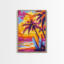 Surf Shack, Tropical Landscape, Sunset Beach, Framed Canvas Print, Boho Wall Art, Coastal Home Decor, Vibrant Surfing Aesthetic