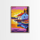 Lakeside Cabin, Cozy Retreat, Waterfront House, Nature Art, Canvas Print, Living Room Wall Art, Rustic Decor, Bold Sunset Tones
