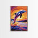 Leaping Dolphin, Ocean Art, Coastal Decor, Vibrant Seascape, Canvas Print, Beach House Wall Art, Nautical Aesthetic, Bold Colors