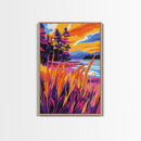 Lakeside Pines, Autumn Nature Art, Tranquil Landscape, Vibrant Sunset Painting, Framed Canvas Print, Cabin Wall Decor, Rustic Home Art