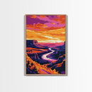 River Valley, Sunset Glow, Nature Escape, Vibrant Canyon, Framed Canvas Print, Living Room Wall Art, Western Landscape Painting