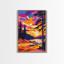 Mountain Camp, Tent Sunset, Pine Forest, Framed Canvas Print, Outdoor Adventure, Rustic Home Art, Cozy Cabin Vibes, Boho Wall Art