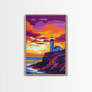 Lighthouse Art, Coastal Seascape Painting, Nautical Home Decor, Ocean Sunset Print, Beach House Wall Art, Framed Canvas Print, Office Decor