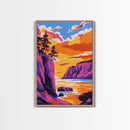 Cliffside Sunset Art, Vibrant Seascape Painting, Ocean Print, Coastal Home Decor, Beach Scene, Framed Canvas Print, Living Room Art