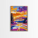 Sunset Highway, Road Trip Art, Colorful Travel Decor, Adventure Wall Art, Wanderlust Aesthetic, Framed Canvas Print, Unique Gift