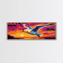 Flying Seagull, Ocean Sunset, Coastal Bird, Colorful Sky, Framed Canvas Print, Nautical Wall Art, Beach House Decor, Bold Landscape