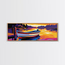 Lake Boat, Sunset Art, Cabin Decor, Vibrant Wall Art, Framed Canvas Print, Rustic Living Room, Nautical Art, Bold Seascape Painting