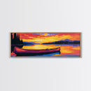 Tranquil Canoe, Lake Reflection, Majestic Sunset, Framed Canvas Print, Cozy Cabin Wall Art, Rustic Retreat Decor, Adventure Aesthetic