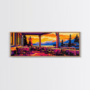 Lakeside, Patio, Sunset, Framed Canvas Print, Vibrant Landscape Art, Dining Room Art, Cozy Decor, Warm Tones, Rustic Autumn Wall Art