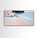 Sandy Beach, Ocean Shore, Soft Pastels, Seaside Tranquility, Framed Canvas Print, Coastal Wall Art, Bathroom Decor, Nautical Painting