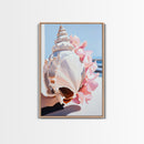 Seashell, Pink Flowers, Beach Aesthetic, Coastal Wall Art, Framed Canvas Print, Nautical Decor, Ocean Lover, Bedroom Art