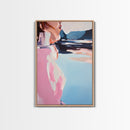Dreamy Beach Art, Minimalist Woman Portrait, Coastal Fashion Illustration, Soft Pastel Colors, Framed Canvas Print, Bedroom Wall Art