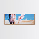 Woman Beach, Pastel Flowers, Feminine Art, Ocean View, Dreamy Coastal Decor, Framed Canvas Print, Bedroom Wall Art, Soft Aesthetic Art