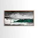 Green Ocean Wave, Dramatic, Black and White, Framed Canvas Print, Coastal Wall Art, Surfer Decor, Beach House Art, Nautical Decor