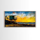 Lifeguard Tower, Sunset, Coast, Framed Canvas Print, California Beach Wall Art, Surf Decor, Vibrant Seaside Art, Coastal Home Decor