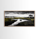 Marshland Scene, Serene Landscape, Black and White Nature Art, Modern Decor, Misty Grasslands, Living Room Artwork, Framed Canvas Print