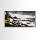 Rocky Shore, Monochrome Art, Serene Beach, Canvas Print, Coastal Landscape, Minimalist Art, Office Wall Decor, Nature Inspired Art
