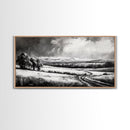 Winter Landscape, Black White, Scenic Country Road, Framed Canvas Print, Serene Nature Art, Rustic Wall Decor, Bedroom Artwork