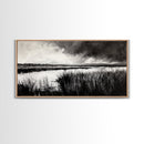 Marshland Landscape, Moody Black and White Art, Nature Wall Decor, Large Framed Canvas Print, Serene Wetlands Painting