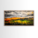 Fall Mountain View, Golden Forest Landscape, Moody Sky Painting, Rustic Country Art, Autumn Scene, Vibrant Wall Decor, Framed Canvas Print