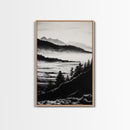 Misty Mountain, Black White Wall Art, Landscape Painting, Nature Artwork, Modern Home Decor, Minimalist Art, Framed Canvas Print
