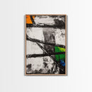 Geometric Abstract, Black and White with Green and Yellow Accents, Modern Minimalist Wall Art, Framed Canvas Print, Office or Loft Decor