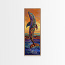 Dolphin Ocean, Sunset Splash, Vibrant marine wall decor Framed Canvas Print, colorful coastal boho art, beach house wall art