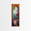 Ocean View, Archway Art, Tropical Seascape, Framed Canvas Print, Coastal Home Decor, Mediterranean Entryway Art, Bright Nautical Art