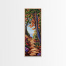 Autumn Pathway, Forest, Nature — Framed Canvas Print of scenic forest path with fall trees, cozy rustic living room wall decor, woodland art