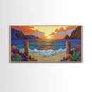 Sunset Beach, Waves, Colorful sunset beach seascape with waves and mountain view, Canvas Print, tropical coastal wall decor