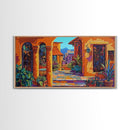 Spanish Courtyard, Colorful Villa Street, Southwest Patio Art, Framed Canvas Print, Mediterranean Home Decor, Rustic Wall Art