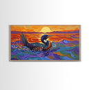 Sunset Loon, Splash, Painting, Framed Canvas Print lakehouse wall art, coastal bathroom decor, vibrant nature print, ocean artwork
