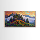 Mountain Trees, Sunset Ridge, Cloudy Peaks, Framed Canvas Print, Nature Inspired Wall Art, Autumn Living Room or Office Decor