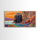 Desert Sunset, Cliffs, Nature, Framed Canvas Print, rocky cliffs and sea, Boho Living Room Wall Art, colorful sunset art, coastal vibes