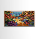 Colorful Beach, Pathway, Painting, Framed Canvas Print vibrant coastal trail wall decor, tropical beach boho art, hallway accent