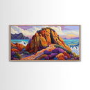 Ocean Cave, Rocky Coast, Lavender Brush, Framed Canvas Print, Bold Nature Wall Art, Vibrant Bedroom or Study Coastal Decor