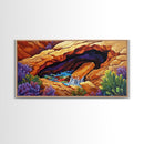 Desert Hidden, Oasis, Waterfall, Framed Canvas Print Nature-inspired boho landscape, colorful living room wall art, southwest decor